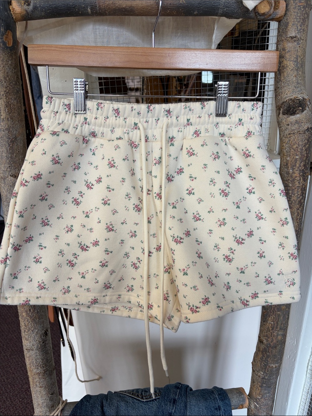 Cream Floral Drawstring Athletic Shorts for Women